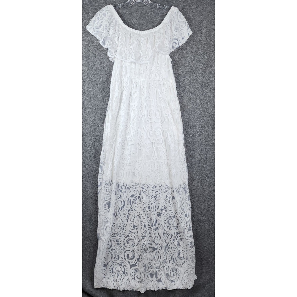 Soma Maxi Dress Women Small White French Scroll Lace Off Shoulder Ruffle